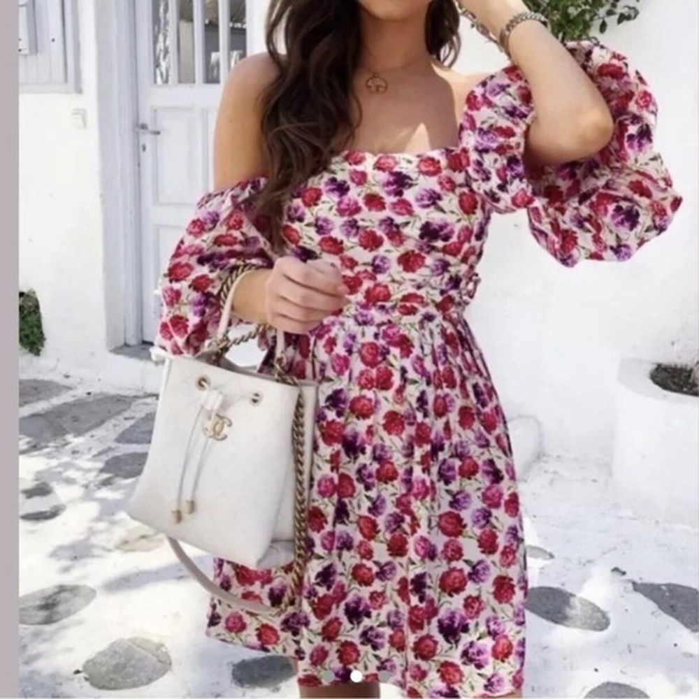Zara Floral Mini Dress Off Shoulder Puff Sleeve Tie Waist Cottagecore S